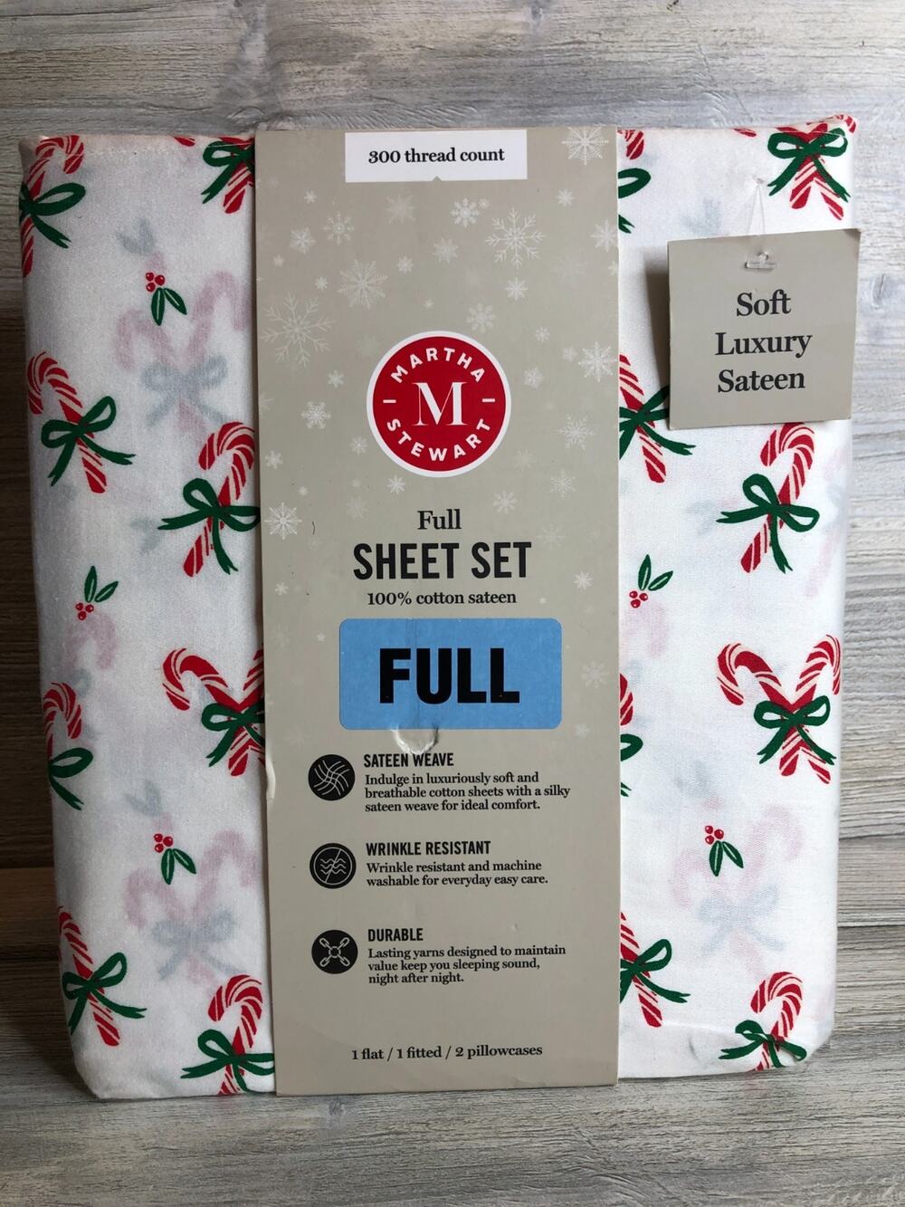 Martha Stewart Candy Cane Christmas Holiday 100% Cotton Sateen Full Sheet Set